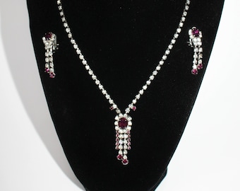 Crystal Necklace and Earring Set Rhinestone Amethyst Vintage 1960's