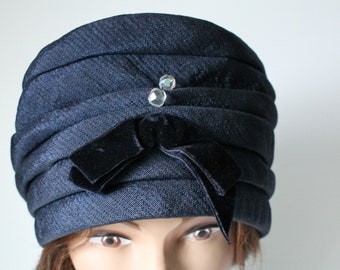 Vintage 1960's Navy Pillbox Hat William H Block Company Styled by Janet