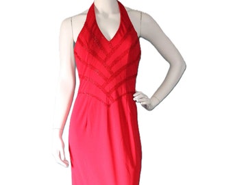 Vintage 80s Red Beaded Maxi Dress, Cache, Size Medium