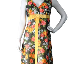Robe longue vintage des années 70 en mousseline de soie, floral noir, taille moyenne