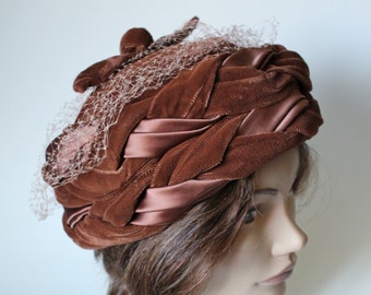Velvet Satin Turban Style Hat, Copper Color, Vintage 1960's