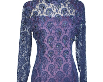 Vintage Blue Lace Beaded Dress Size Medium