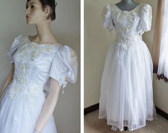 Vintage 1980's Satin Wedding Dress and Tiara Size Small