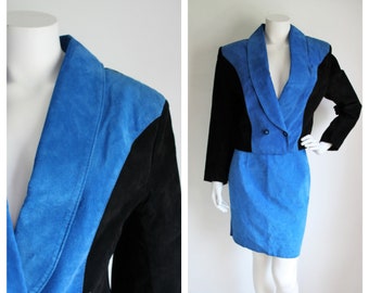 Vintage 80's Blue Suede Skirt Jacket Set Georgio Ferrini Leather Suit