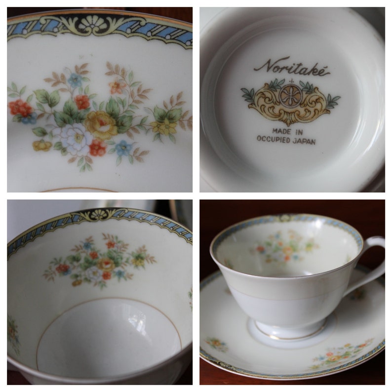 Noritake China Dishes Made in Occupied Japan 1947 Komaru Mark Replacement Pieces Cup Saucer Side Dish White Cream Blue Rim Flowers