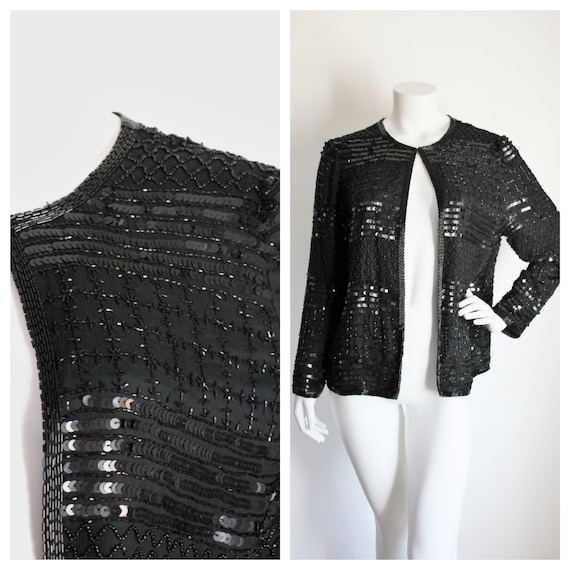Black Beaded Sequin Silk Jacket by Joseph Ribkoff Vintage | Etsy