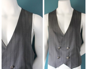 Vintage Grey Pinstripe Suit Vest, Double Breasted, Size 44 Waistcoat