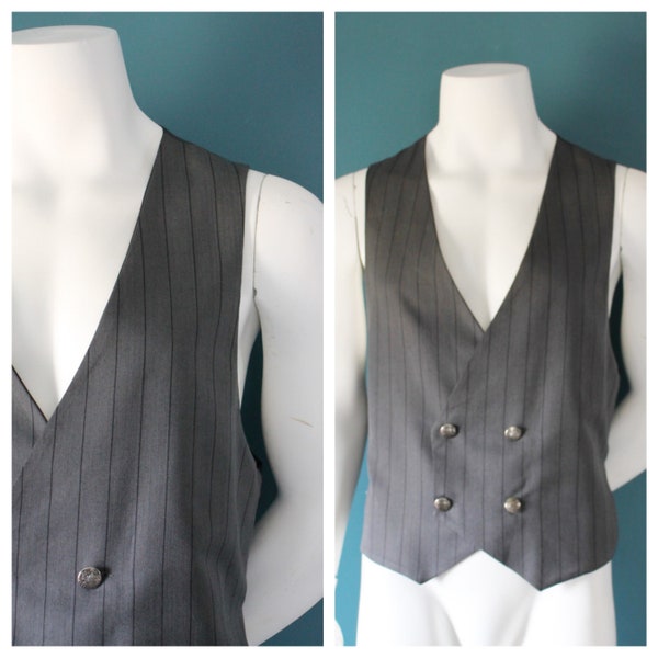 Vintage Grey Pinstripe Suit Vest, Double Breasted, Size 44 Waistcoat