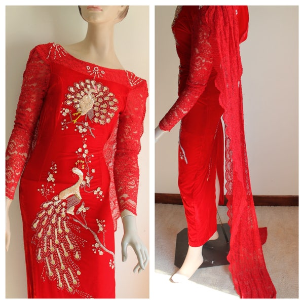 Red Velvet Asian Gown Sequin Peacock Lace Train Extra Small Pearl Trim Chinese Wedding Slim Fit