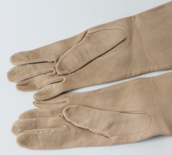 Vintage Long Beige Chamois Evening Gloves, Size 6… - image 7