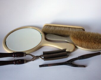 ヴィンテージ化粧台セット セルロイド製 ミラーブラシ カーリング 圧着