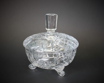 Covered Crystal Bowl with Feet Pinwheel Star Pattern