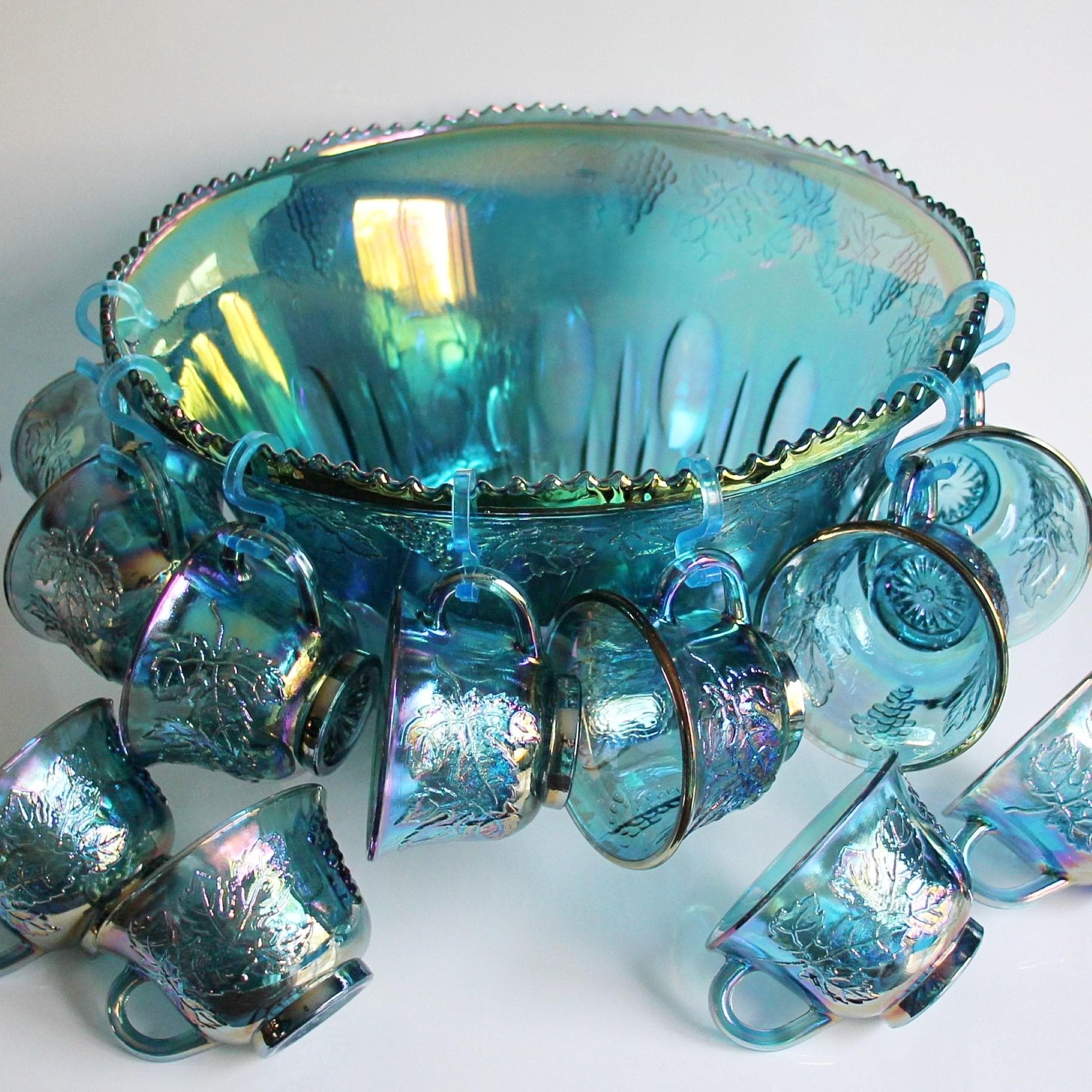 CONPE10 RETRO ND STRIPE × LUCKY SWALLOW Vintage Blue Punch Bowl Set, Indiana Glass, Large Bowl Cups and