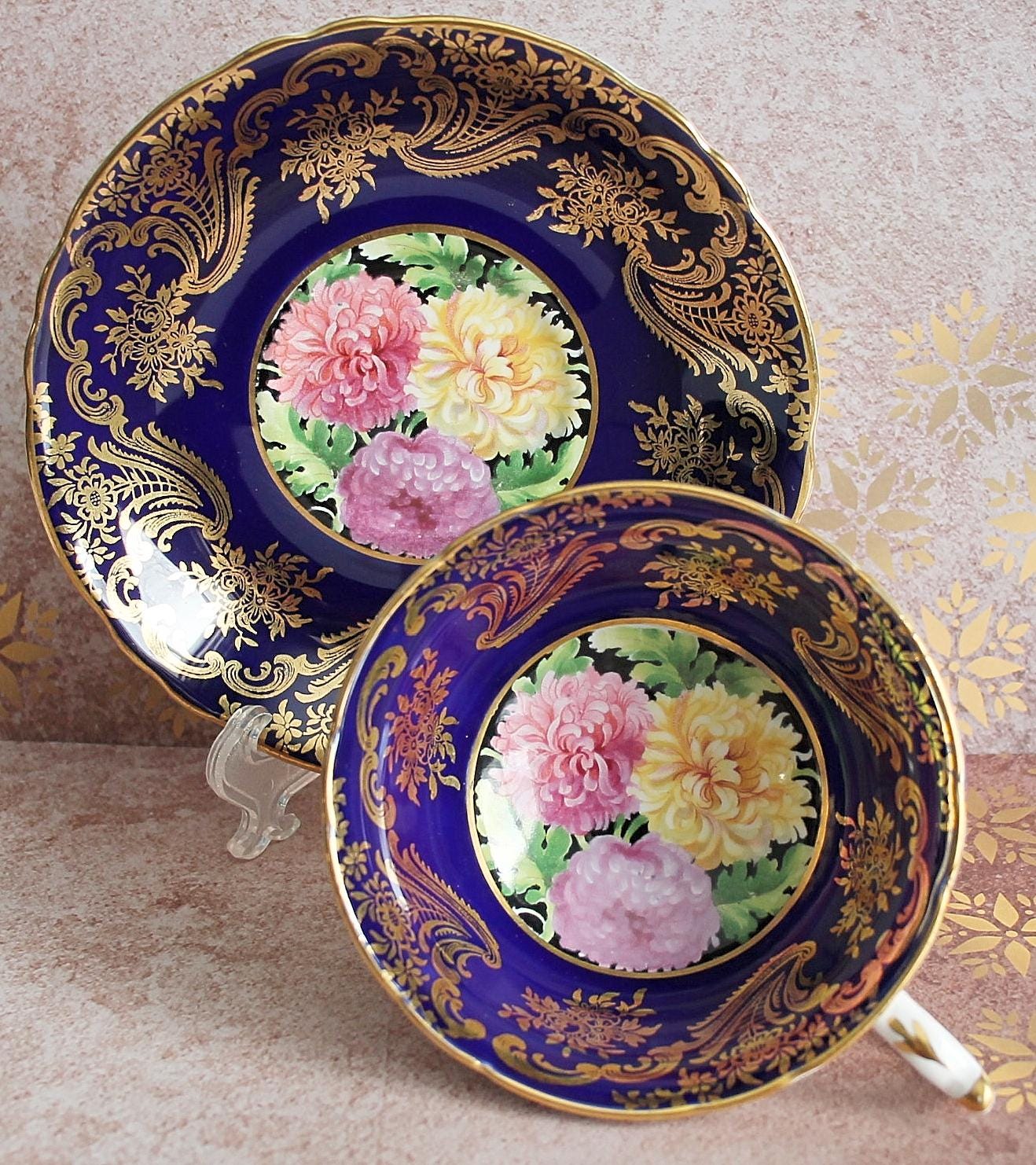 Paragon Teacup and Saucer Chrysanthemums Cobalt Gold Pattern A1544