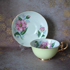 Royal Grafton Teacup and Saucer, Yellow with Pink Flowers, Pattern HDLS8