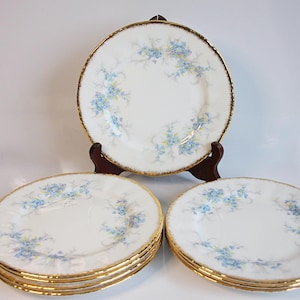 Peut inclure: Ensemble d'assiettes en porcelaine blanche avec un motif floral bleu et des bordures dorées. Les assiettes sont présentées sur un présentoir en bois et empilées, mettant en valeur les détails. Service de table classique.
