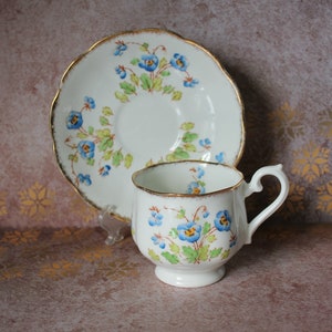 Royal Albert Crown China Teacup and Saucer, Blue Pansies, Pattern 8552