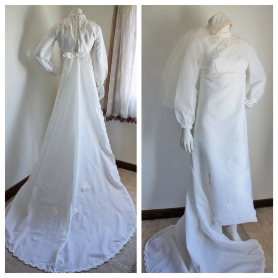 1970's Wedding Dress, Juliet Cap Veil and Detachab