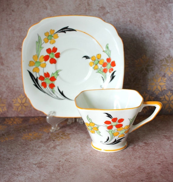 Standard China Teacup and Saucer, Stuart Shape, Art Deco Cup