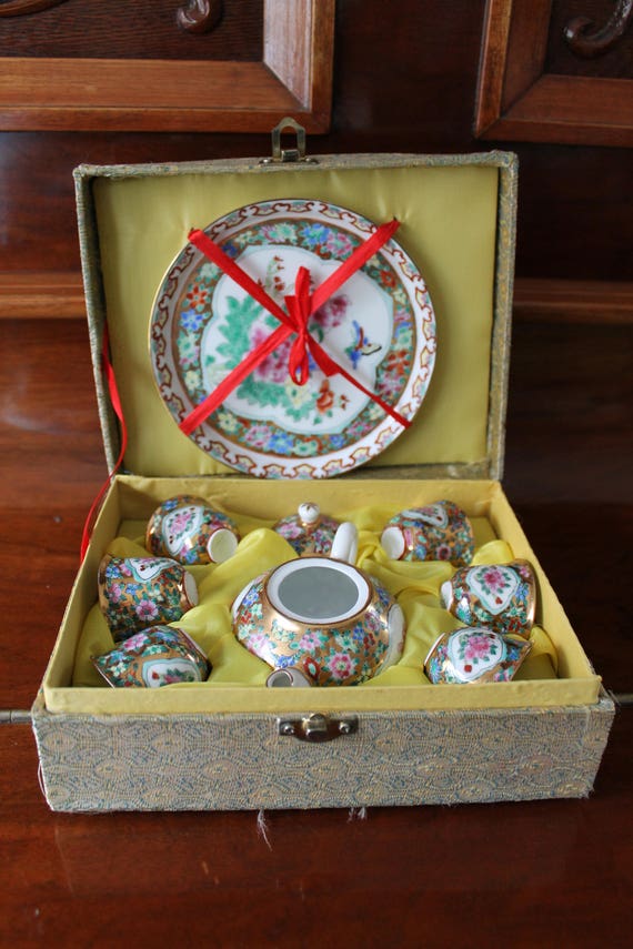 Japanese Miniature Tea Set in Box Porcelain Cups Teapot Tray Etsy