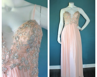 Peach Evening Gown Metallic Lace Rhinestones Faviana Glamour Size 6 Optional Straps Open Back