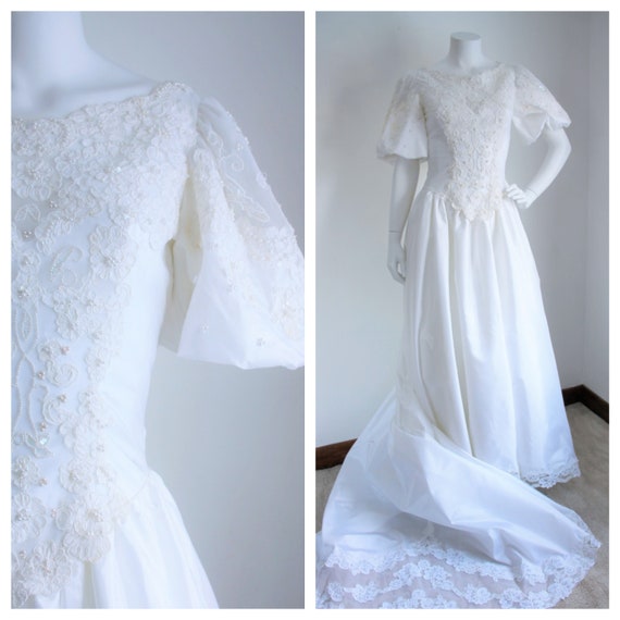 White Wedding Gown, A Line with Train, Size Medium