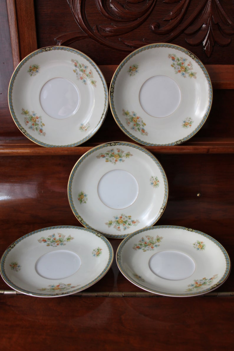 Noritake China Dishes Made in Occupied Japan 1947 Komaru Mark Replacement Pieces Cup Saucer Side Dish White Cream Blue Rim Flowers