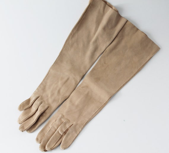 Vintage Long Beige Chamois Evening Gloves, Size 6… - image 2