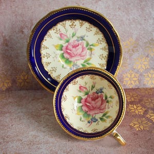 Aynsley Teacup and Saucer Pattern C894 Cobalt Gold Cabbage Rose