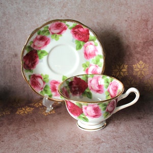 Royal Albert Crown China, Old English Rose Teacup and Saucer, 1930&#39;s Avon Shape