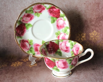 Royal Albert Crown China, theekop en schotel met oude Engelse roos, Avon Shape, jaren 1930