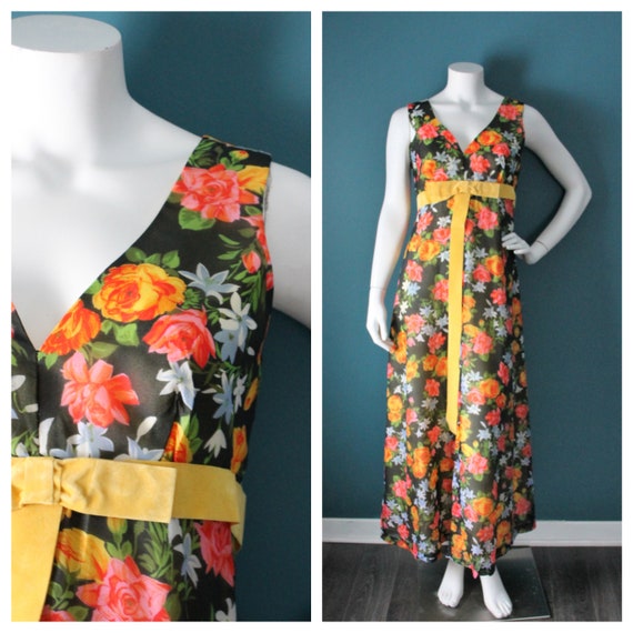 Vintage 70's Chiffon Maxi Dress, Black Floral, Si… - image 1