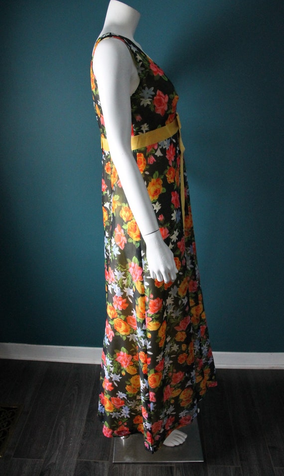 Vintage 70's Chiffon Maxi Dress, Black Floral, Si… - image 4