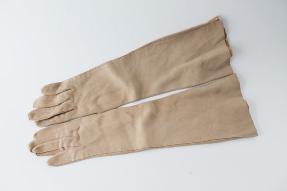 Vintage Long Beige Chamois Evening Gloves, Size 6… - image 1
