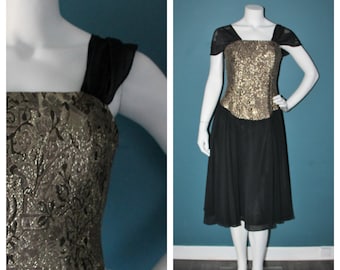 Vintage Black Gold Metallic Dress, Size Medium