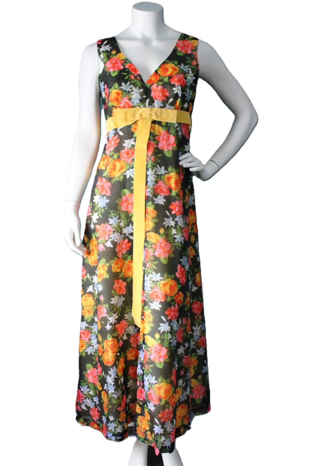 Vintage 70's Chiffon Maxi Dress, Black Floral, Size Medium - Etsy
