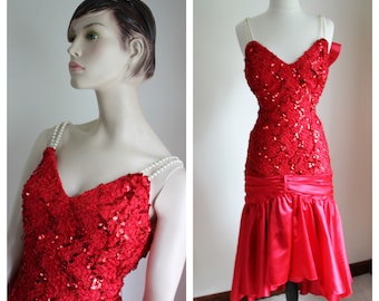 Vintage 80's Red Satin Dress Lace Pearls Bow Sequins Formal Extra Small