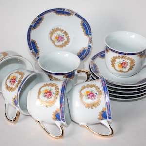 Mocha Demitasse Set Adeline Fine Porcelain Six Cups Saucers Blue Gold