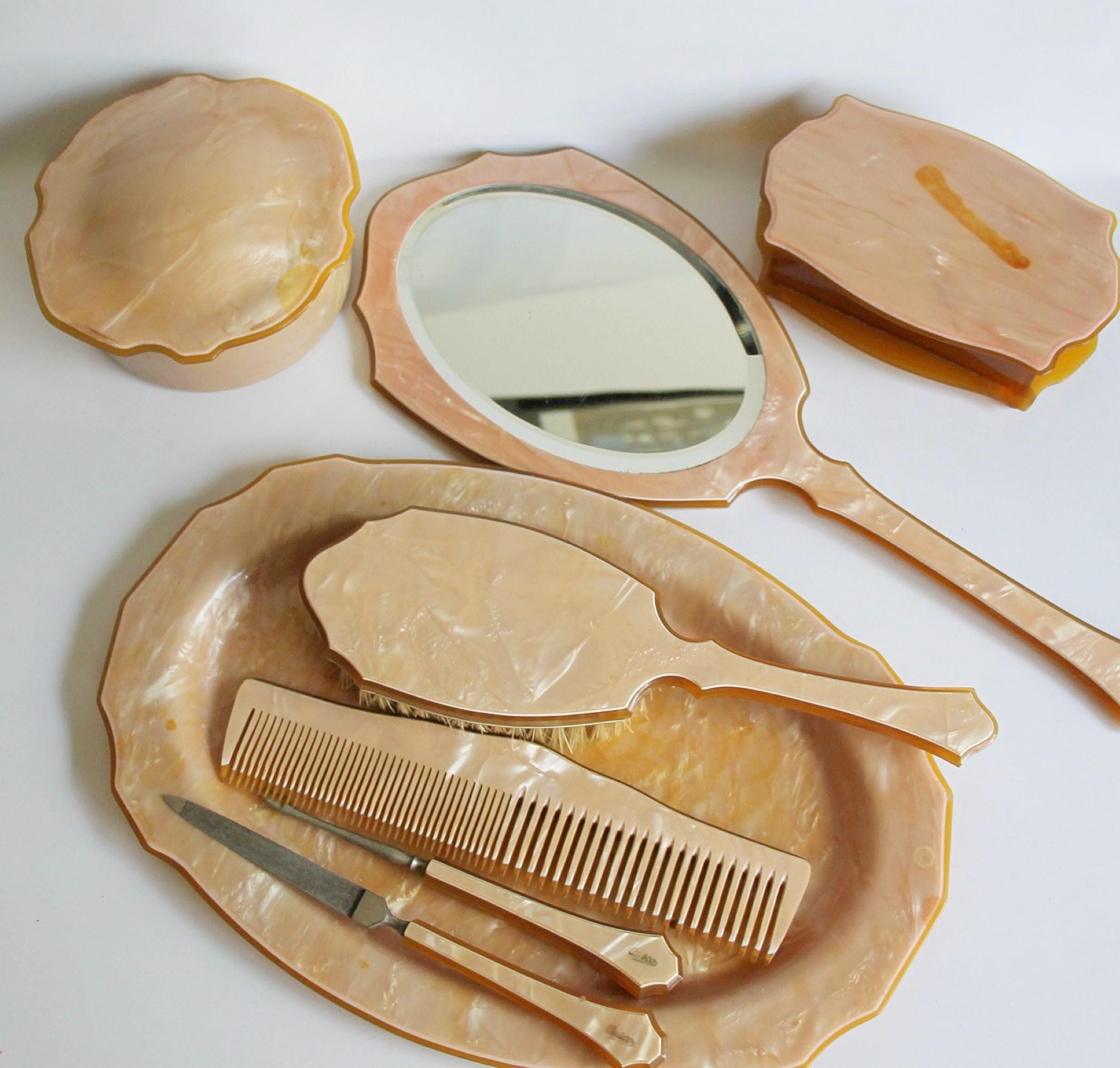 Lot Antique Vintage Vanity items mirror brush comb box nail more Bakelite lucite Vintage Art Deco Celluloid Vanity Set: Mirror, Brush, Nail  main image 2