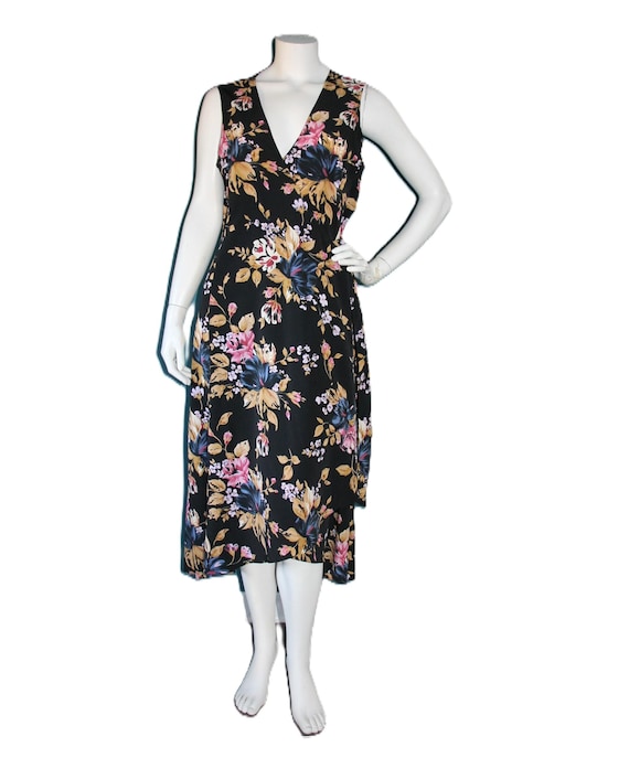 Vintage Wrap Midi Dress Black Floral Size 14 - Etsy