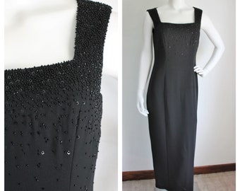 Vintage Black Beaded Formal Dress, Liz Claiborne, Size Medium