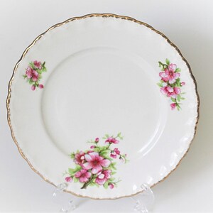 May include: White ceramic plate with a scalloped gold rim. The plate features pink floral designs with green leaves. The flowers are clustered in three areas around the plate's edge. A decorative piece for serving food.