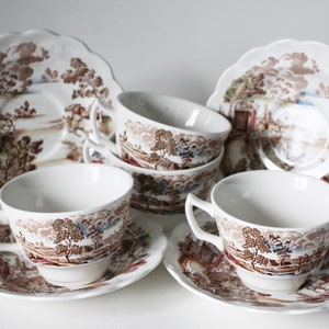 Coaching Days Cups and Saucers Ridgway Staffordshire Catching The Mail