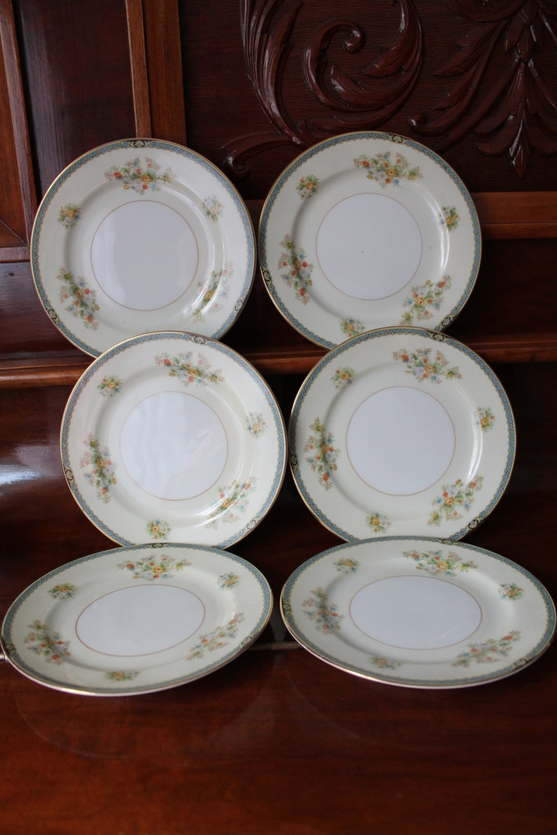 Noritake China Dishes Made in Occupied Japan 1947 Komaru Mark Replacement Pieces Cup Saucer Side Dish White Cream Blue Rim Flowers