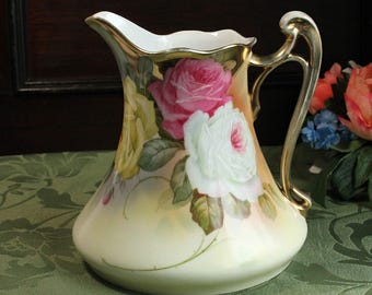Large Antique Pitcher Royal Rudolstadt Prussia Rose Pattern