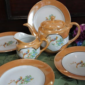 Bird of Paradise Japan Orange  Lusterware Teapot Plates 1940's