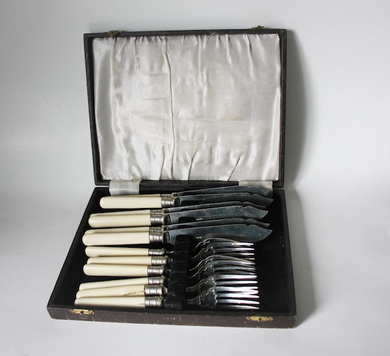 Vintage Boxed Fish Fork and Knife Set, Rustless Nickel, 12 Piece 