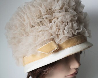 Vintage 1960's Beige Tulle Hat by Leopold, 21 Inch