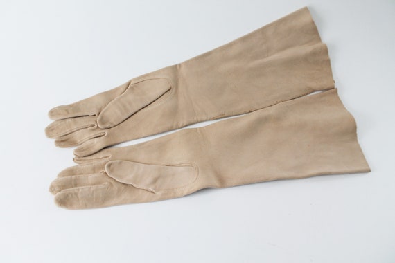 Vintage Long Beige Chamois Evening Gloves, Size 6… - image 6