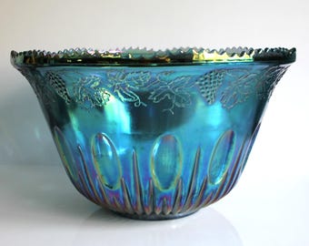 Vintage Blue Punch Bowl Set, Indiana Glass, Large Bowl Cups and